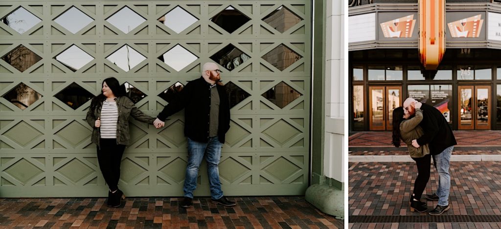 Left image, A couple stands outside of the Bottle Works Hotel in Indiana in front of a green modern garage door.  Right image, a couple kisses in front of a retro movie theater.