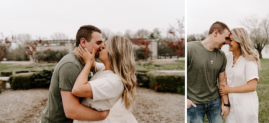 Left Image, a couple kisses while holding one another during their engagement session at Coxhall Gardens.  The right image a couple walks and smiles at one another at their engagement session at Coxhall Gardens in Indiana 
