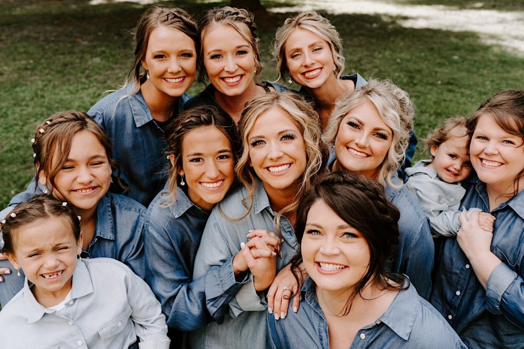 Bride and bridal party in denim shirts 