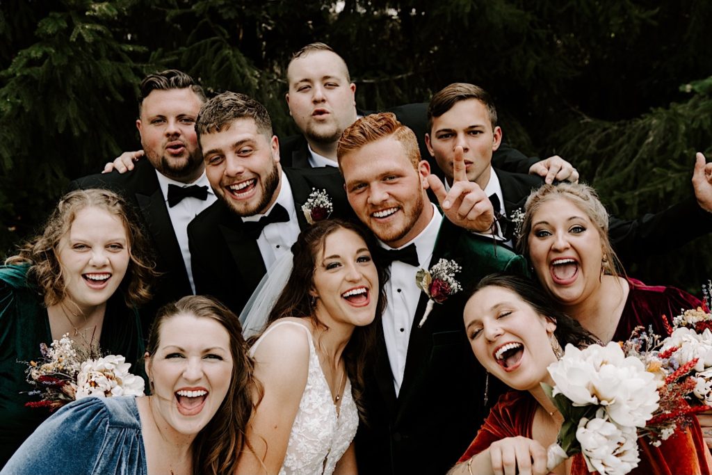 Bride and groom with bridal party at Indiana wedding