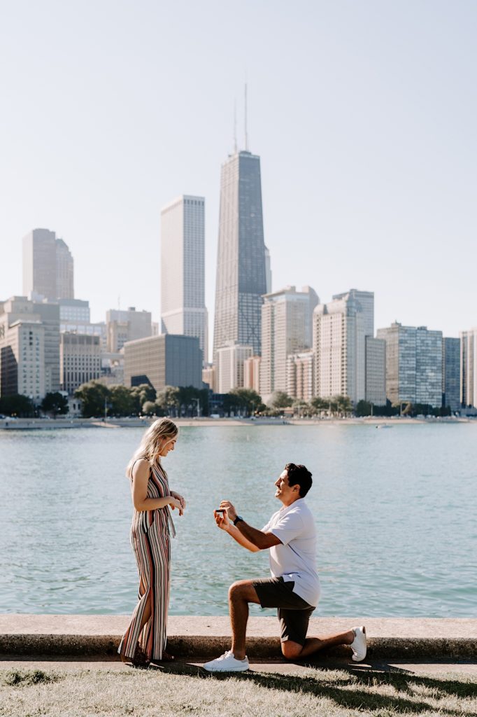Fiancés just after the girl says yes to her proposal at Milton Lee Olive Park in Chicago.
