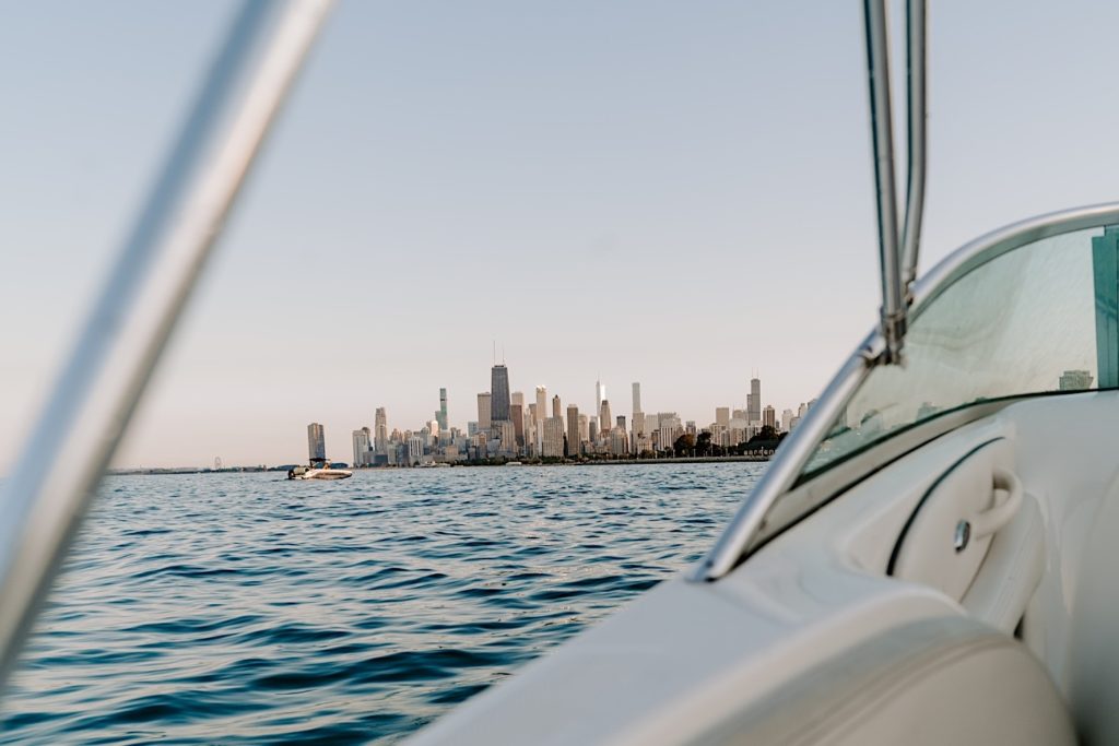 A view of the Chicago skyline from a speedboat on Lake Michigan