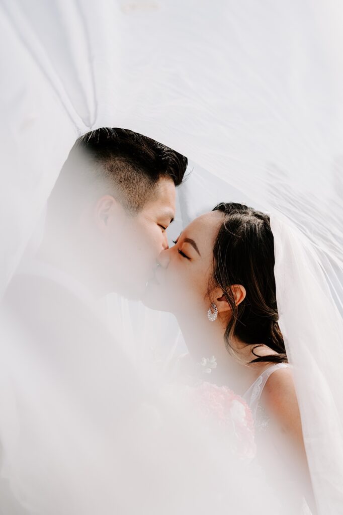 A bride and groom kiss while enveloped in the bride's veil.
