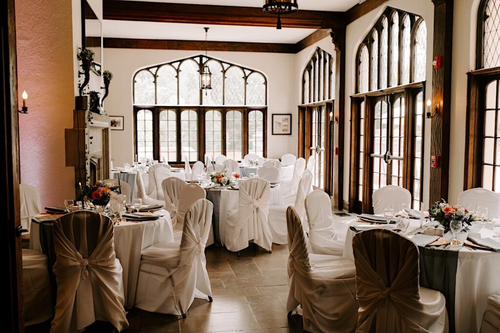The indoor receptions space of the Fowler House Mansion decorated for an intimate wedding reception