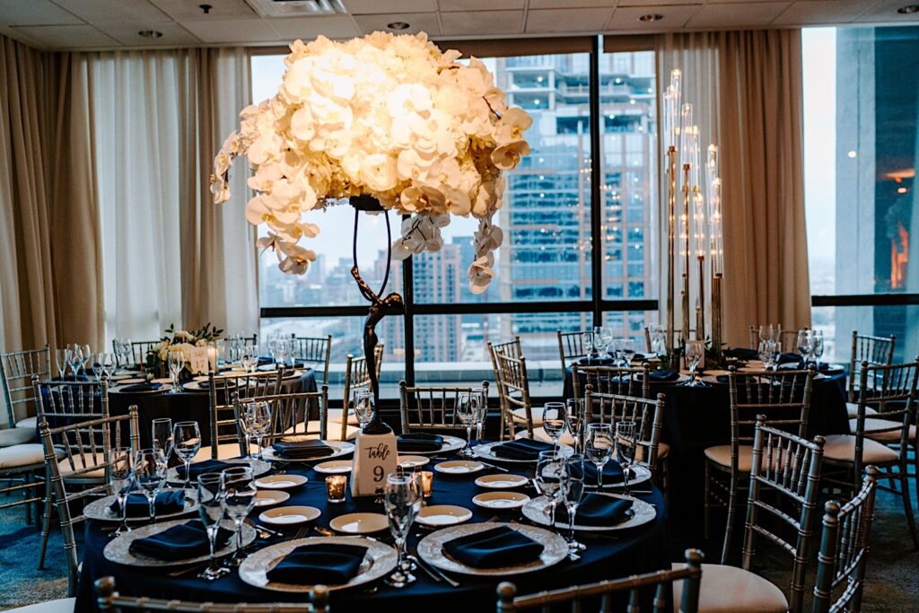 A table inside of the Voco Hotel in Chicago set up for a wedding reception