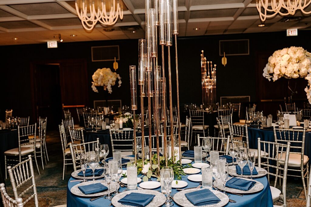 A table inside of the Voco Hotel in Chicago set up for a wedding reception
