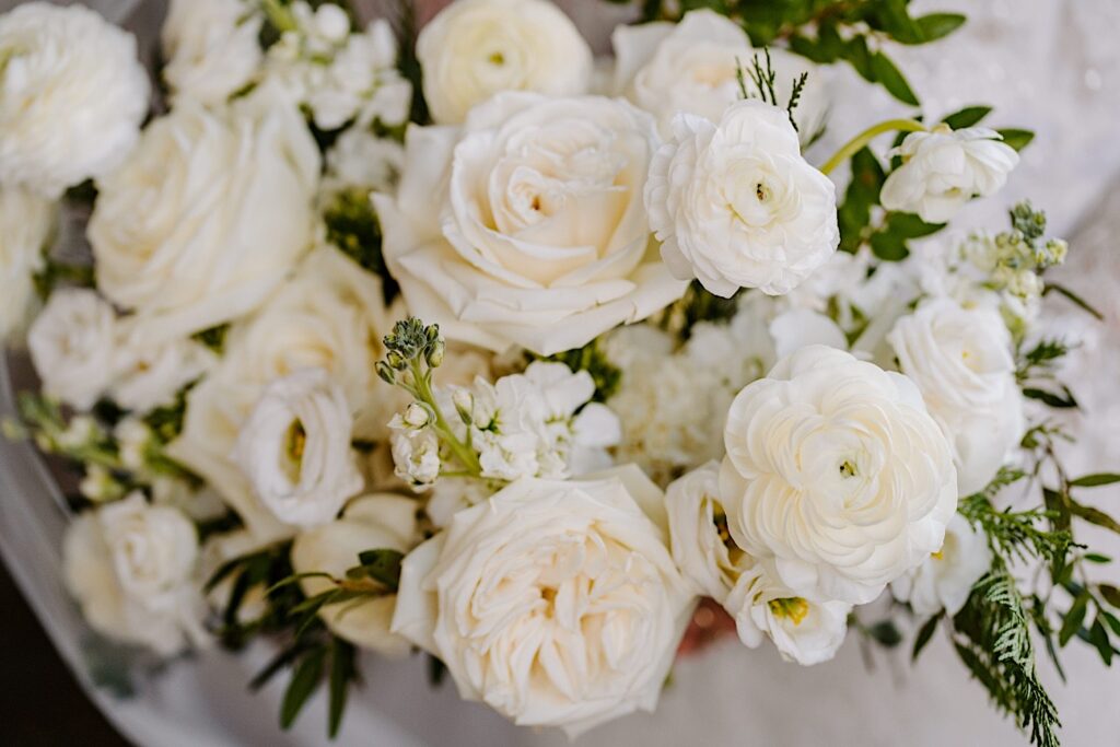 Detail photo of a white floral bouquet